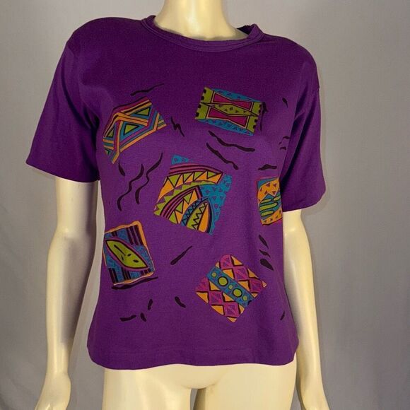 Vintage 80’s Purple Geometric Bold Shoulder T-Shirt Women’s Size MP - Picture 9 of 12